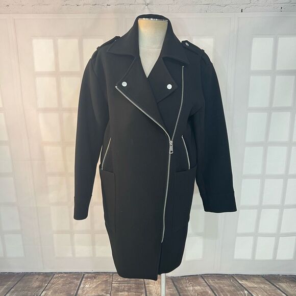 H&M Black Mid-Length Shoulder Strap Lined Asymmetric Zip Coat Size 4 - Picture 1 of 9